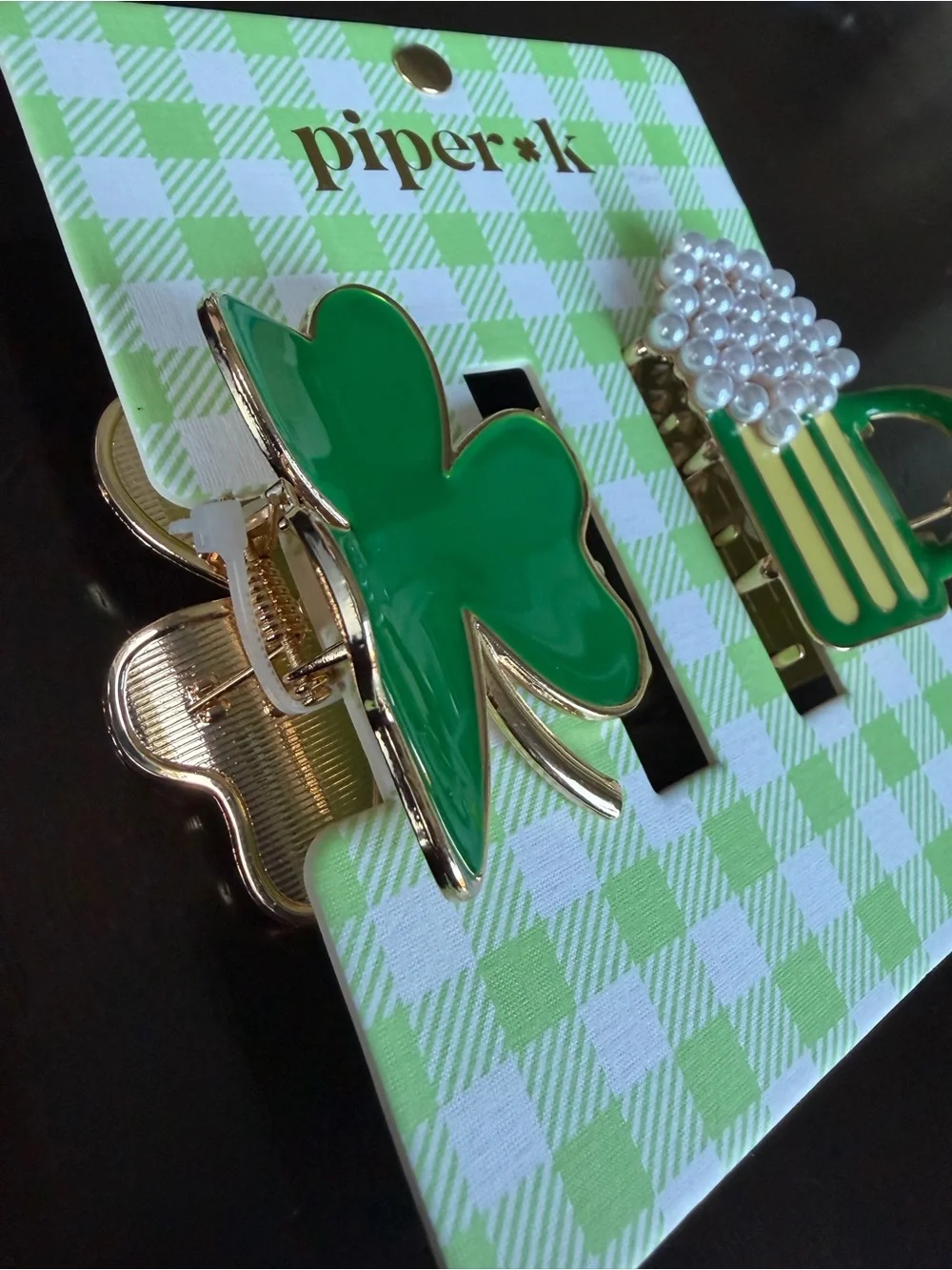 Piper K Shamrock and Festive Mug Hair Clips Green w Gold Holiday St. Patricks